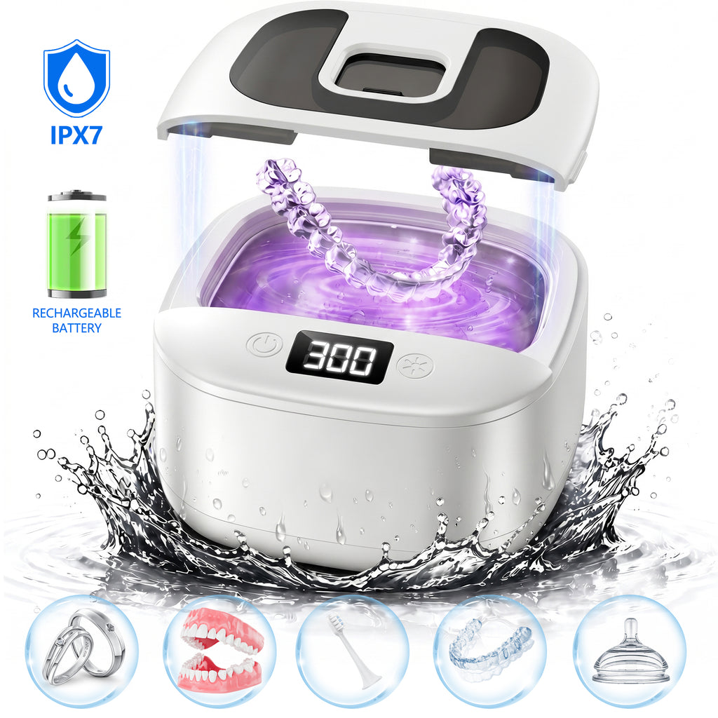 Ultrasonic Retainer Cleaner Machine 45kHz, Rechargeable Dental Cleaning Pod with Digital Timer & 4 Modes for Dentures Aligners Mouth Guards Braces Toothbrush Heads & Jewelry