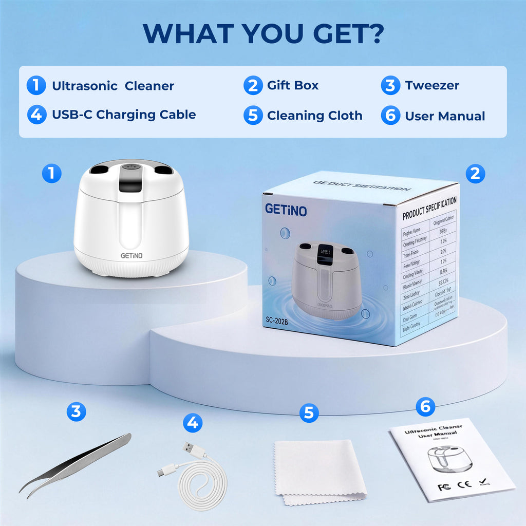 Getino Ultrasonic Retainer Cleaner Machine 48kHz Ultrasonic Denture Cleaner for Mouth Guards, Night Guards, Braces, Aligner, Dental Pod, Jewelry & Toothbrush Heads, 200ml, Battery Operated