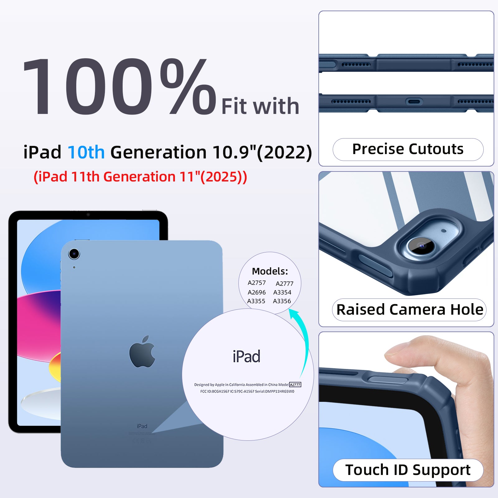 Getino Compatible with Apple iPad 10th/11th Generation A16 Case 11 inch Clear Back Cover with Pencil Holder, Navy Blue