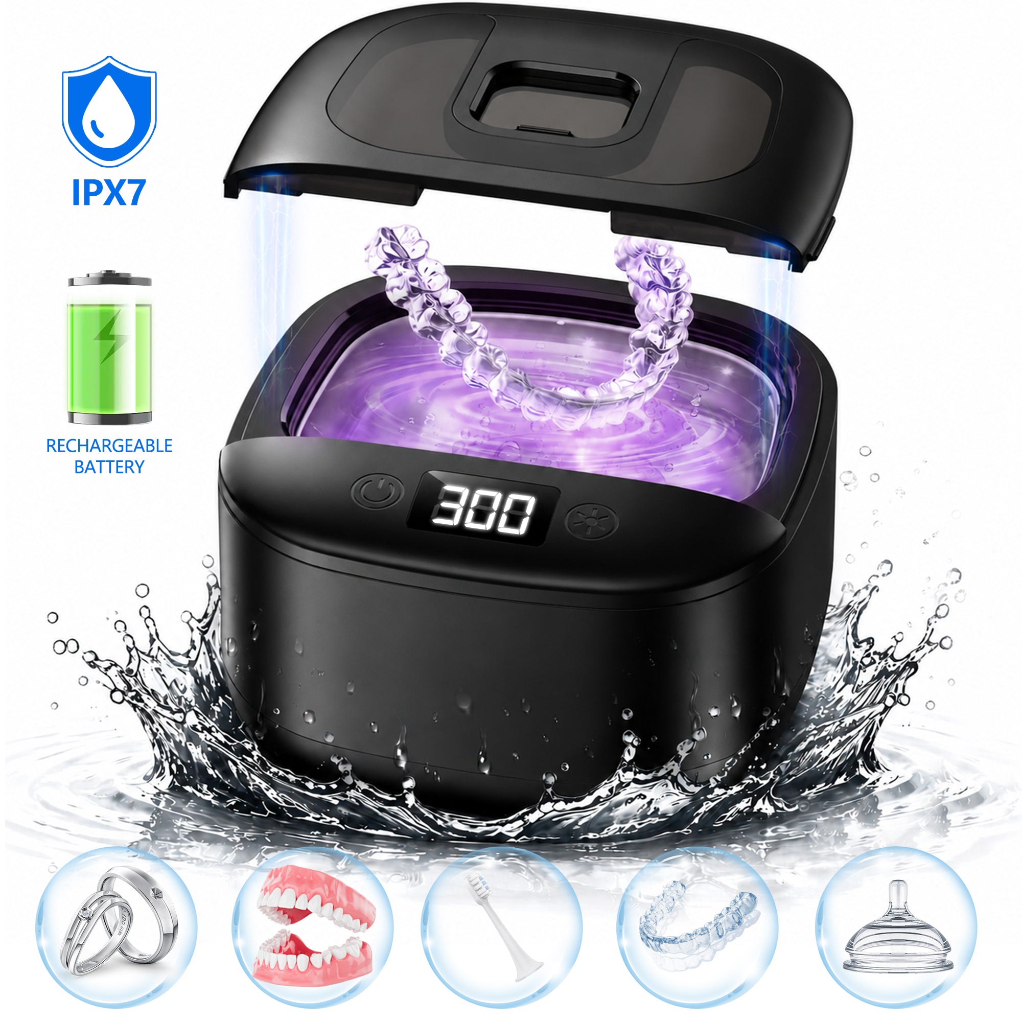 Ultrasonic Retainer Cleaner Machine 45kHz, Rechargeable Dental Cleaning Pod with Digital Timer & 4 Modes for Dentures Aligners Mouth Guards Braces Toothbrush Heads & Jewelry