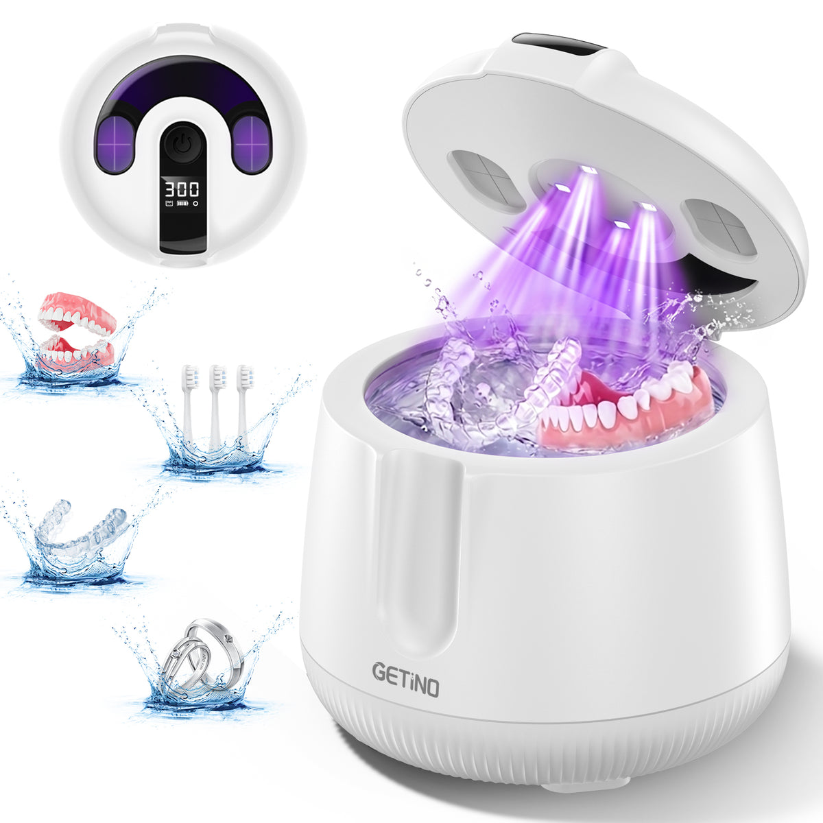 Getino Ultrasonic Retainer Cleaner Machine 48kHz Ultrasonic Denture Jewelry Cleaner for Mouth Guards, Night Guards, Braces, Aligner, Dental Pod, Toothbrush Heads, 200ml