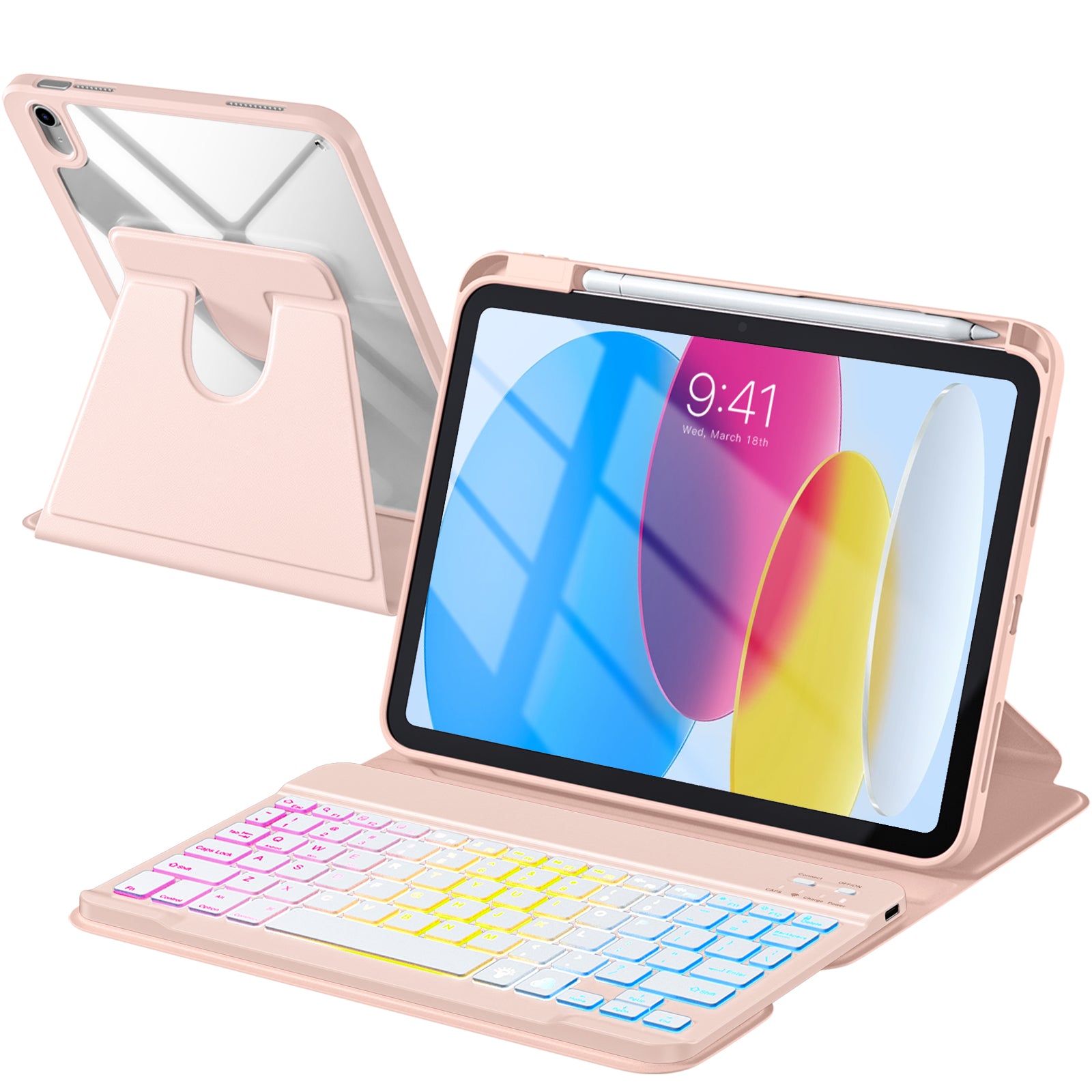 Getino Compatible with Apple iPad A16 11th 10th Generation Case with Keyboard 360° Rotatable 7 Colors Backlit Detachable Keyboard Case Cover for iPad 10th Gen 10.9 inch & iPad 11th Gen 11 inch