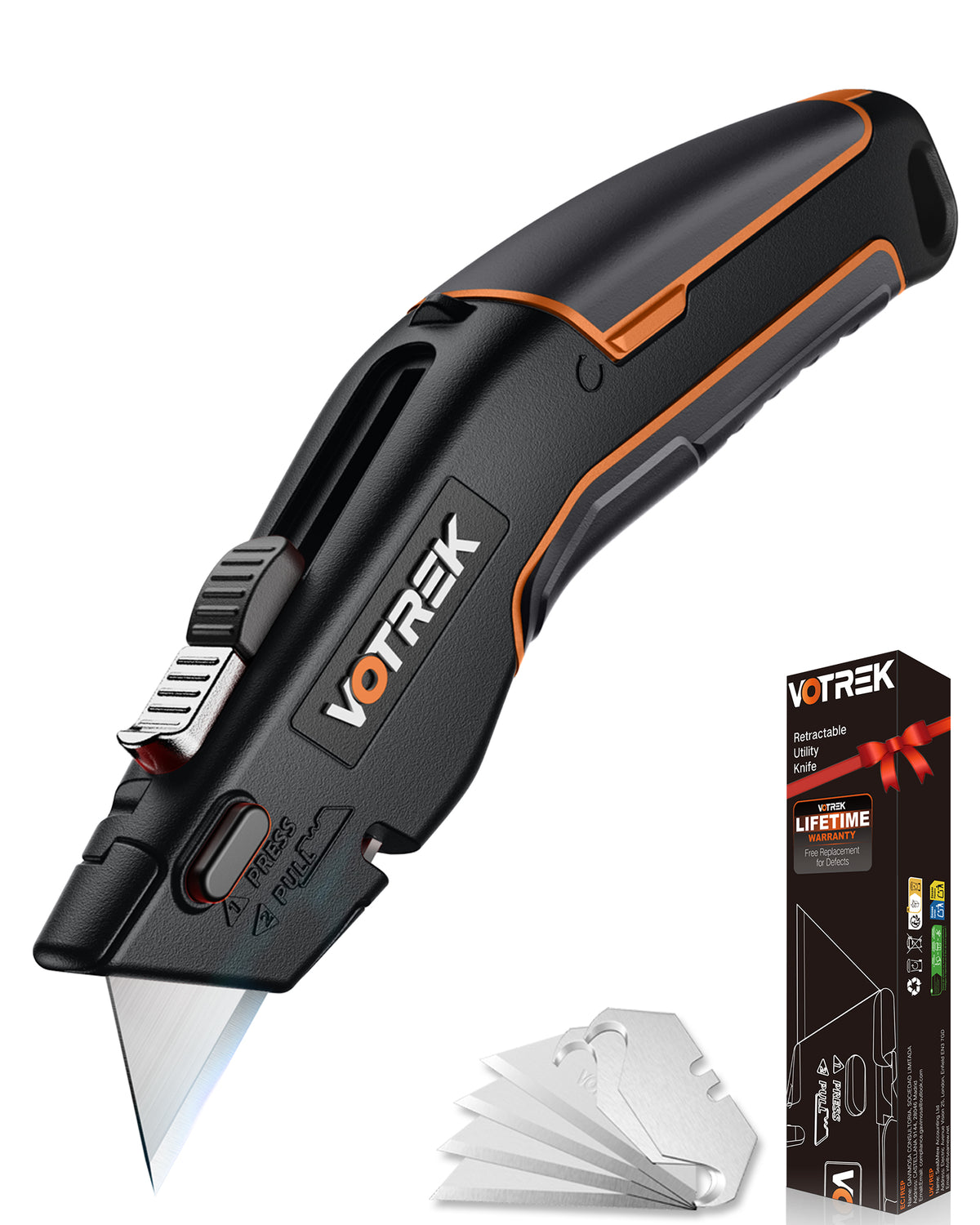 VOTREK Box Cutter Retractable Utility Knife Heavy Duty Sharp Razor Knife for Cartons, Cardboard and Boxes, with 6 Extra Blades