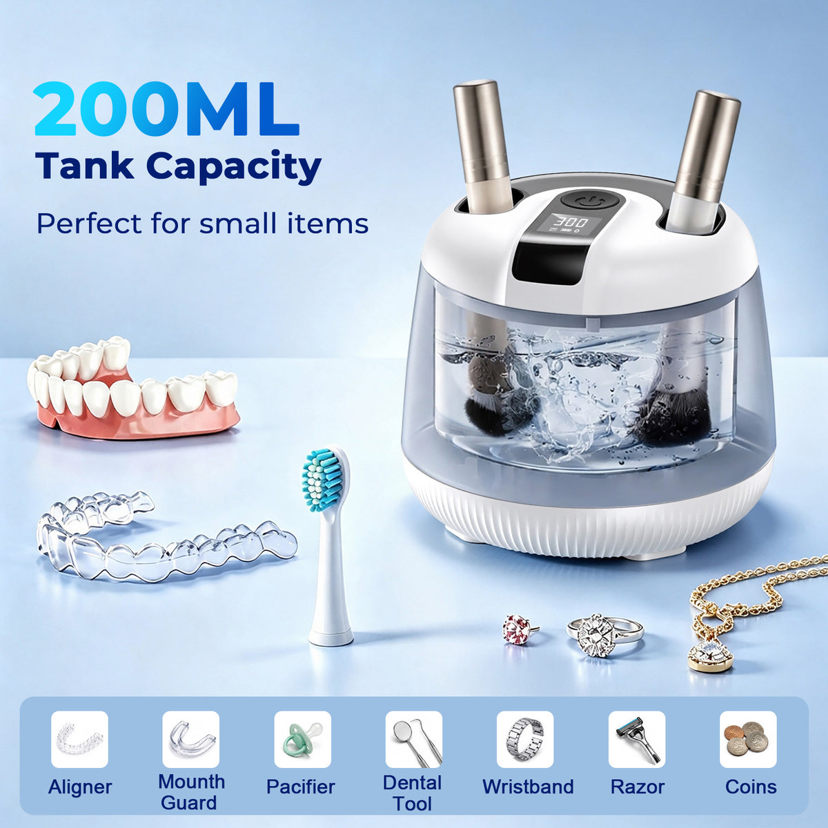 Getino Ultrasonic Retainer Cleaner Machine 48kHz Ultrasonic Denture Cleaner for Mouth Guards, Night Guards, Braces, Aligner, Dental Pod, Jewelry & Toothbrush Heads, 200ml, Battery Operated