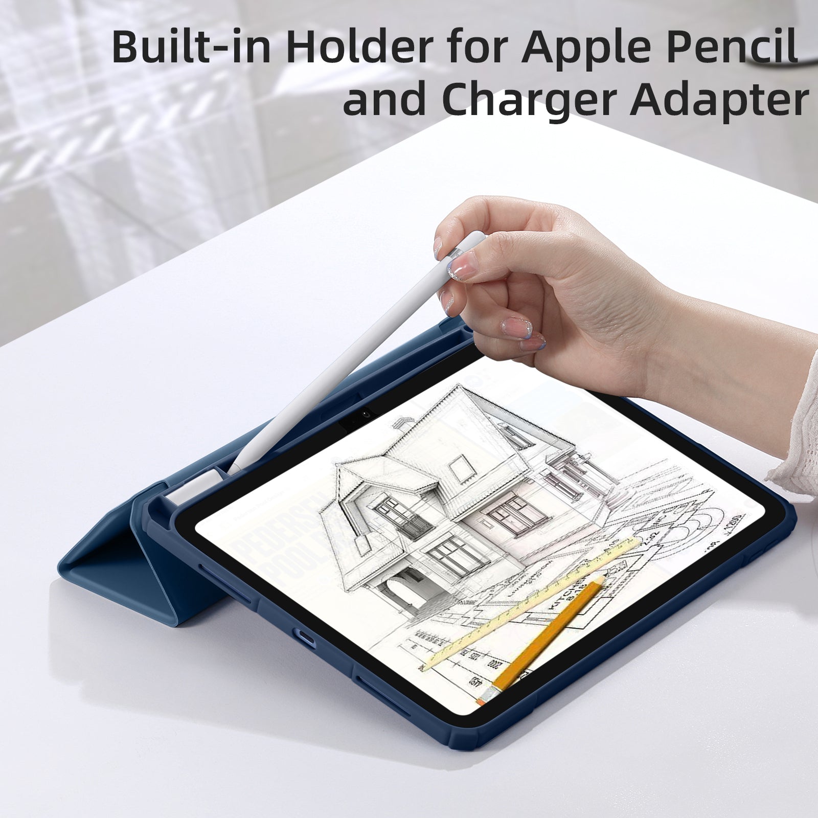 Getino Compatible with Apple iPad 10th/11th Generation A16 Case 11 inch Clear Back Cover with Pencil Holder, Navy Blue