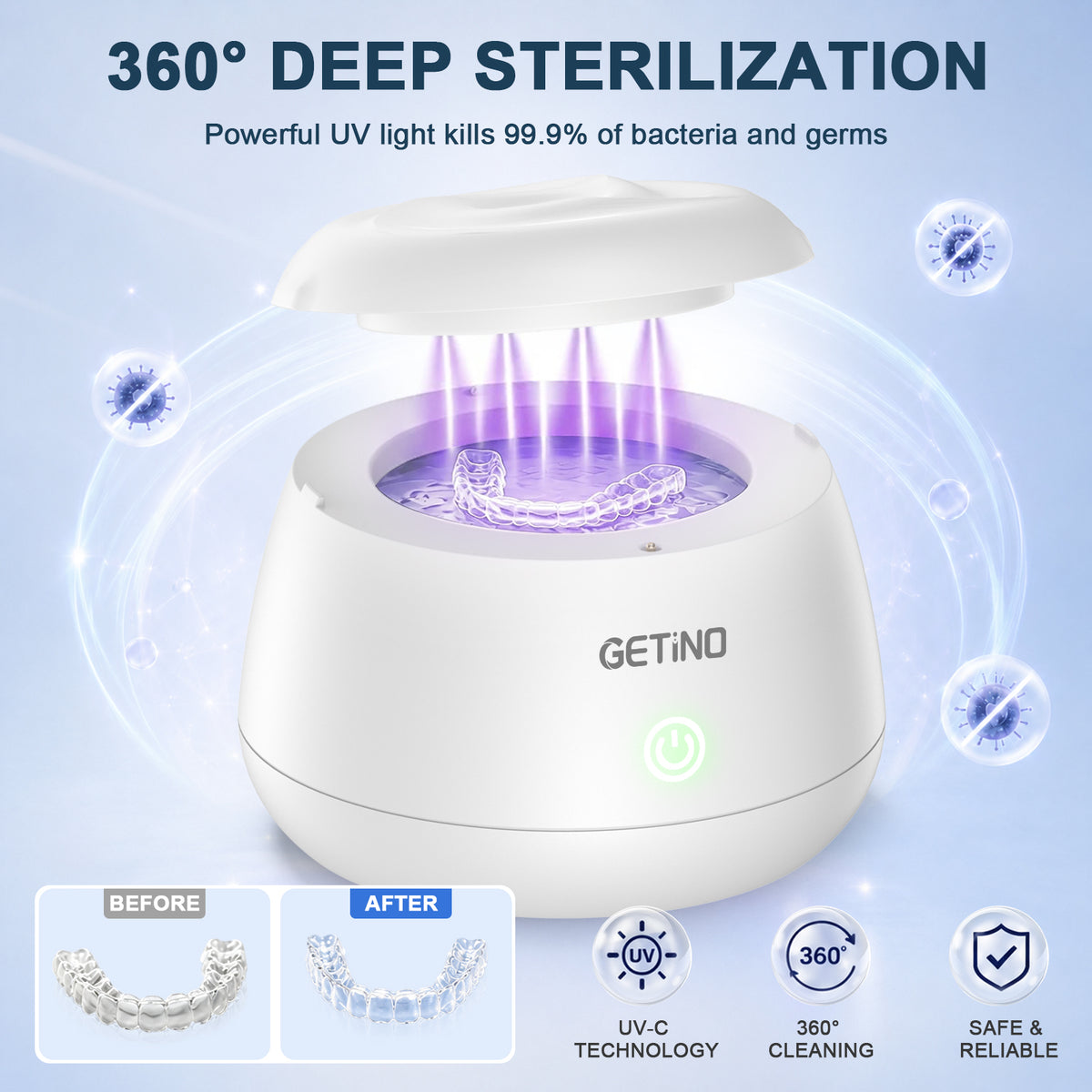 Getino Ultrasonic Retainer Cleaner Machine, IPX7 48KHz Denture Cleaner for Braces, Aligners, Mouth Guard, Jewelry, Toothbrush Heads