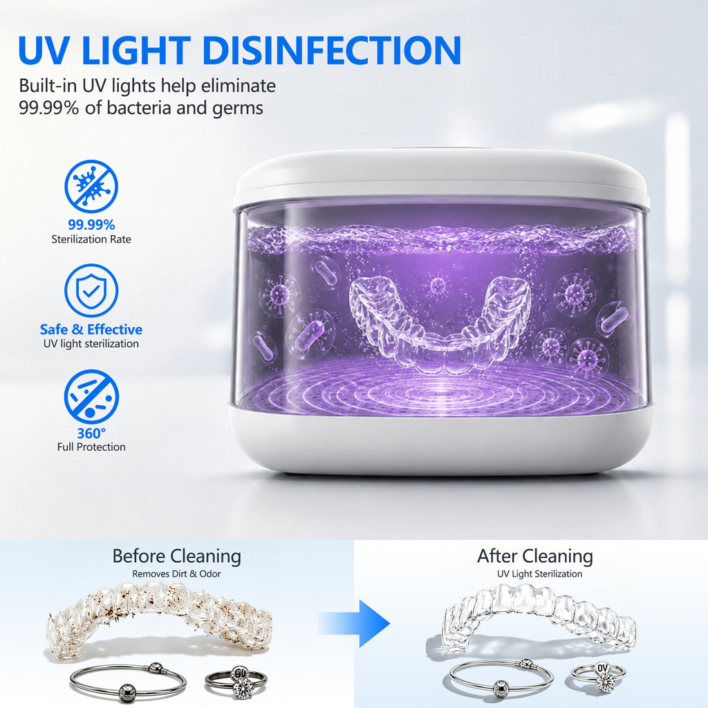 Ultrasonic Retainer Cleaner Machine 45kHz, Rechargeable Dental Cleaning Pod with Digital Timer & 4 Modes for Dentures Aligners Mouth Guards Braces Toothbrush Heads & Jewelry