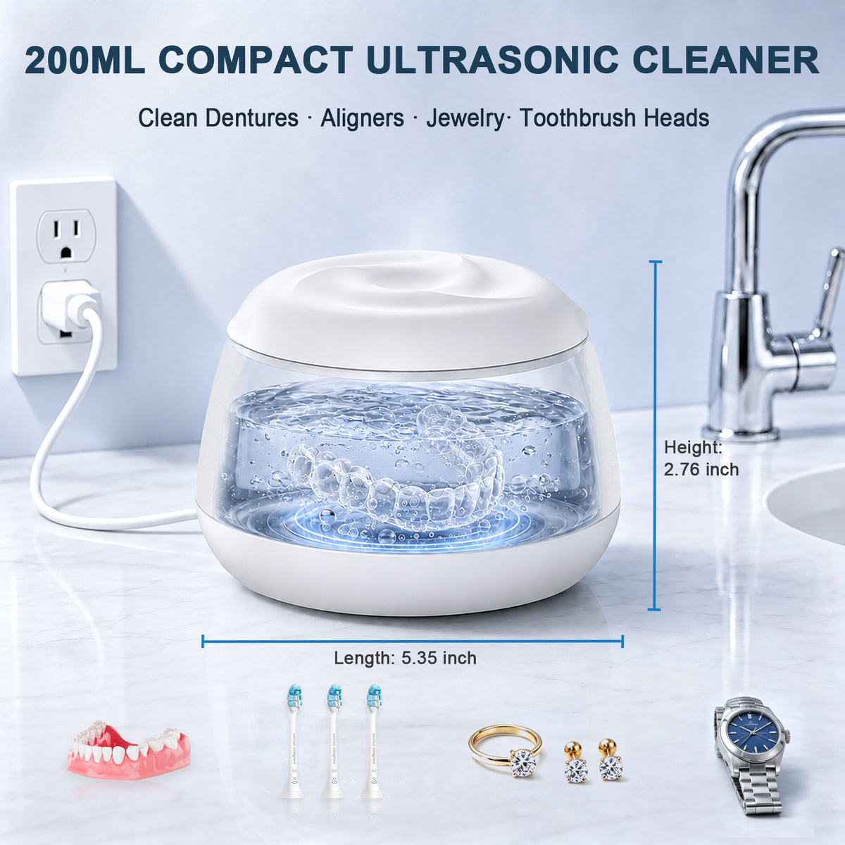 Getino Ultrasonic Retainer Cleaner Machine, IPX7 48KHz Denture Cleaner for Braces, Aligners, Mouth Guard, Jewelry, Toothbrush Heads