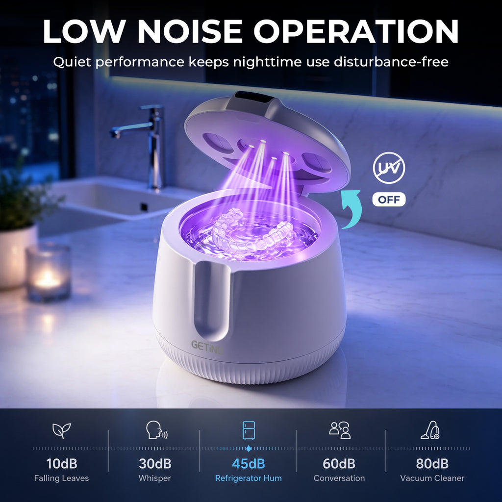Getino Ultrasonic Retainer Cleaner Machine 48kHz Ultrasonic Denture Jewelry Cleaner for Mouth Guards, Night Guards, Braces, Aligner, Dental Pod, Toothbrush Heads, 200ml