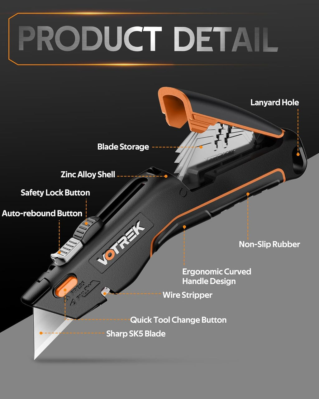 VOTREK Box Cutter Retractable Utility Knife Heavy Duty Sharp Razor Knife for Cartons, Cardboard and Boxes, with 6 Extra Blades