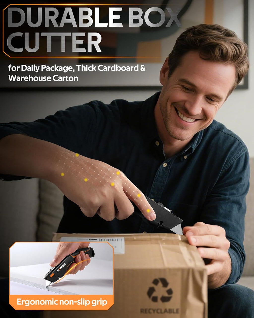 VOTREK Box Cutter Retractable Utility Knife Heavy Duty Sharp Razor Knife for Cartons, Cardboard and Boxes, with 6 Extra Blades