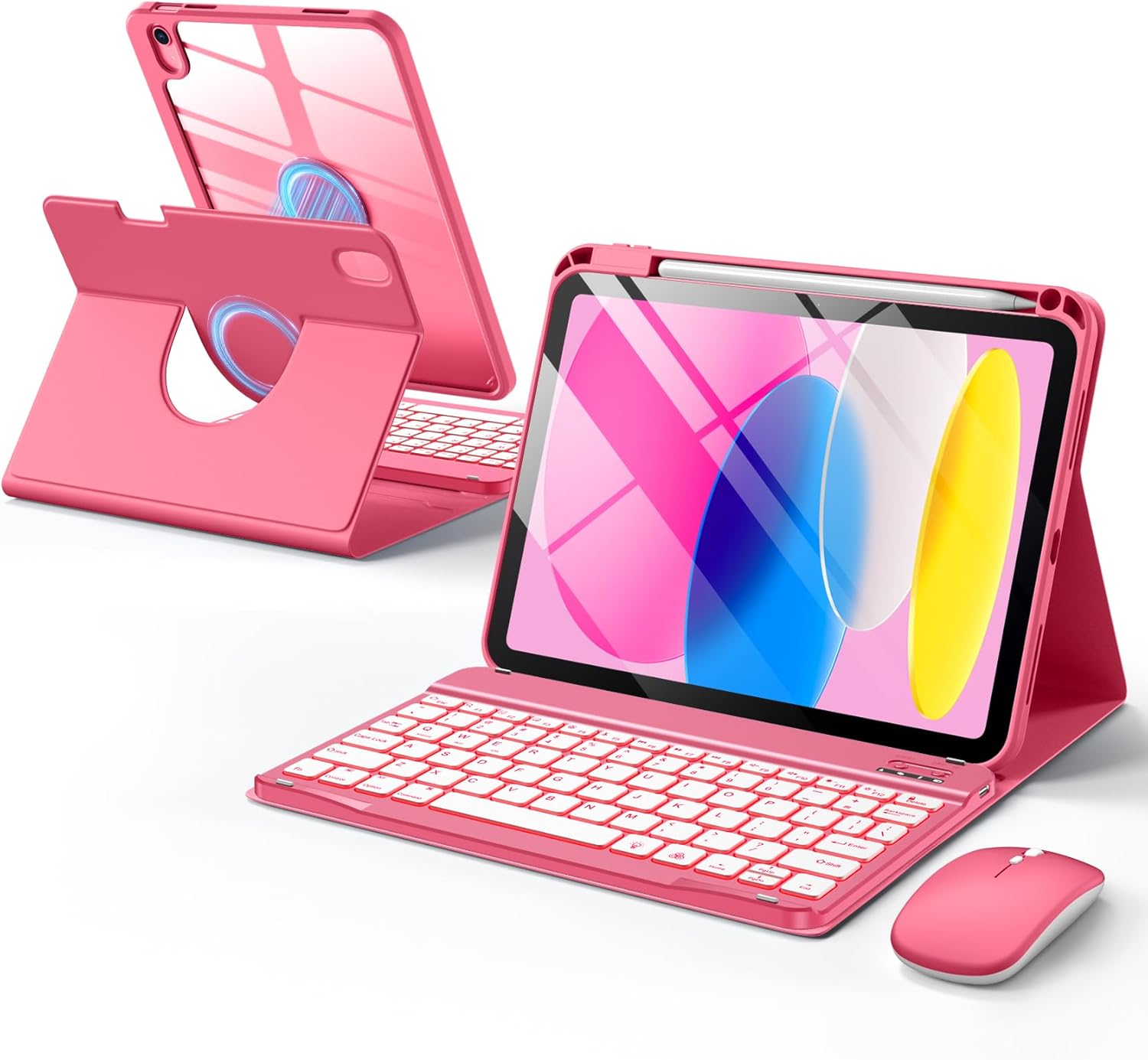 Getino for iPad A16 11th 10th Generation Case with Keyboard and Mouse 360° Rotatable Magnetic Detachable Backlit Keyboard Case Cover with Pencil Holder for Apple iPad 10th 11th Gen 11 inch, Pink