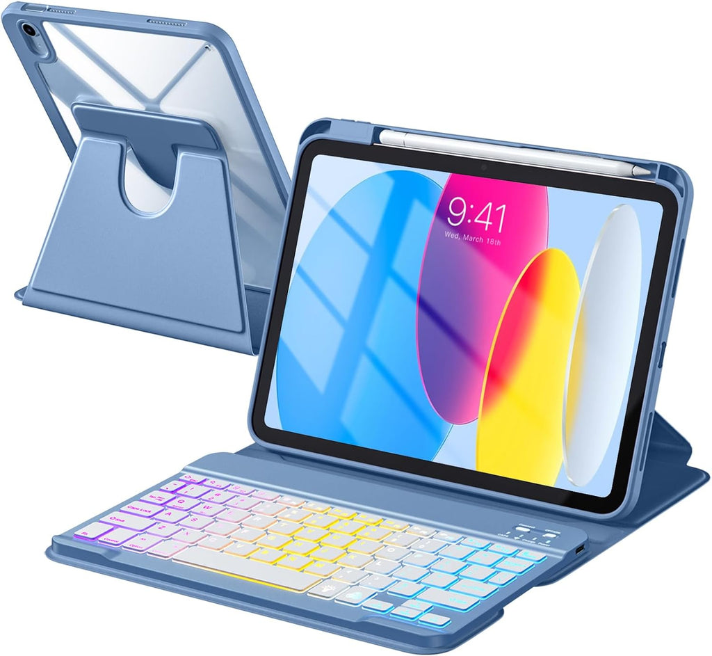 Getino Compatible with Apple iPad A16 11th 10th Generation Case with Keyboard 360° Rotatable 7 Colors Backlit Detachable Keyboard Case Cover for iPad 10th Gen 10.9 inch & iPad 11th Gen 11 inch