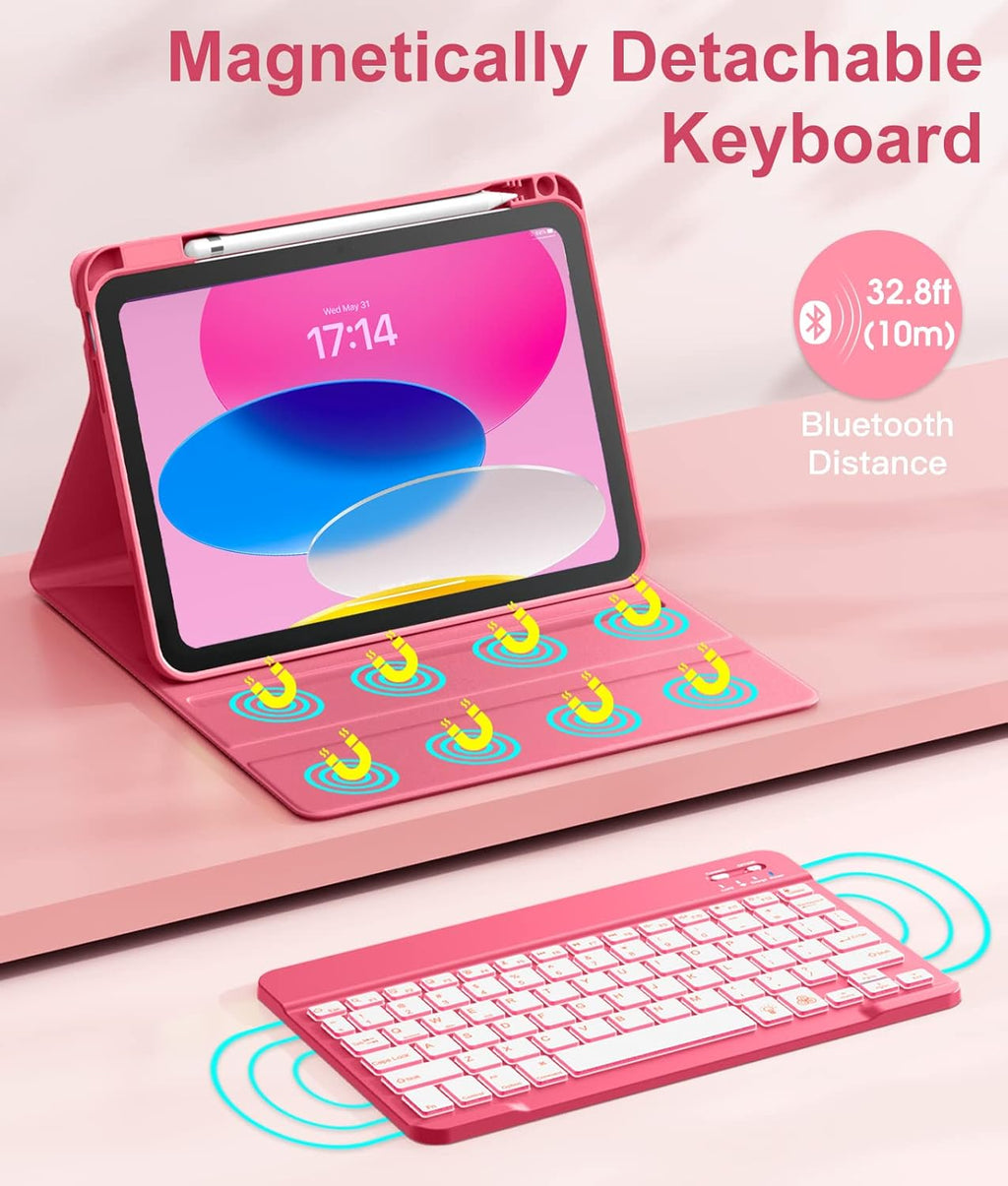 Getino Compatible with iPad 10th 11th Generation A16 Case with Keyboard 7 Colors Backlit Detachable Keyboard Cover with Pencil Holder for Apple iPad 11 inch 11th Gen 2025 & 10.9 inch 10th Gen 2022