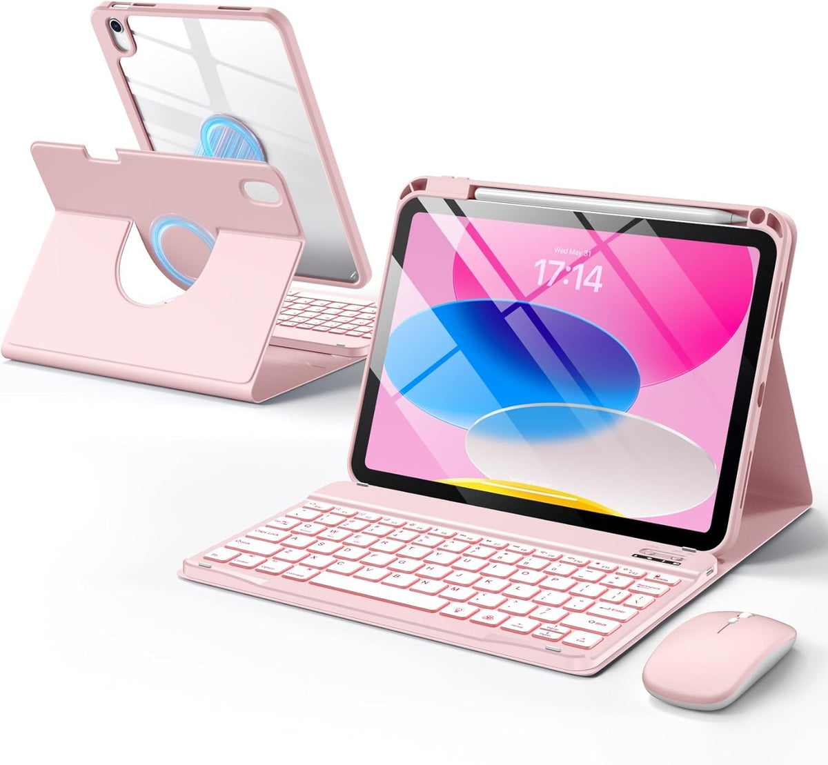 Getino for iPad A16 11th 10th Generation Case with Keyboard and Mouse 360° Rotatable Magnetic Detachable Backlit Keyboard Case Cover with Pencil Holder for Apple iPad 10th 11th Gen 11 inch, Pink