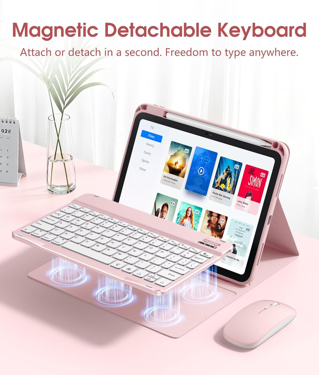 Getino for iPad A16 11th 10th Generation Case with Keyboard and Mouse 360° Rotatable Magnetic Detachable Backlit Keyboard Case Cover with Pencil Holder for Apple iPad 10th 11th Gen 11 inch, Pink