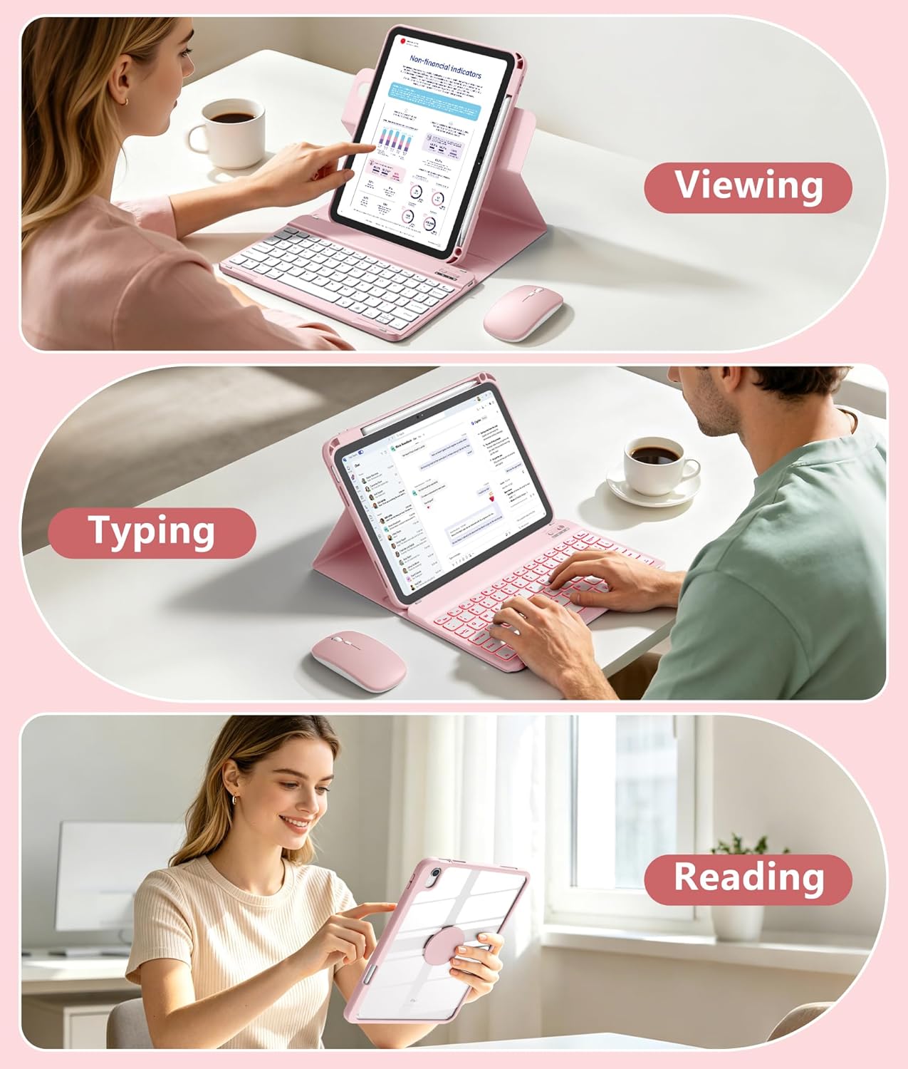 Getino for iPad A16 11th 10th Generation Case with Keyboard and Mouse 360° Rotatable Magnetic Detachable Backlit Keyboard Case Cover with Pencil Holder for Apple iPad 10th 11th Gen 11 inch, Pink