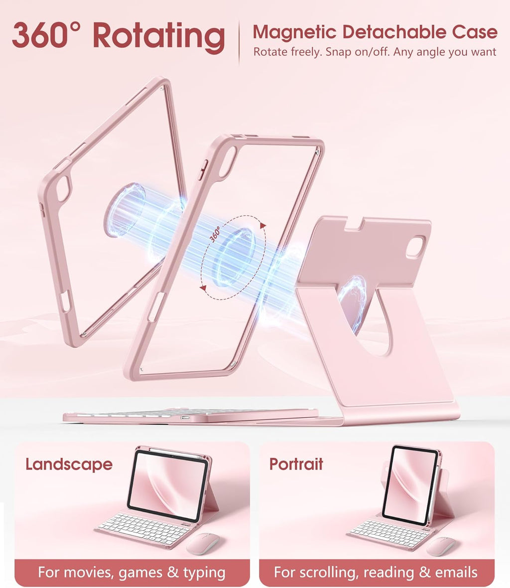 Getino for iPad A16 11th 10th Generation Case with Keyboard and Mouse 360° Rotatable Magnetic Detachable Backlit Keyboard Case Cover with Pencil Holder for Apple iPad 10th 11th Gen 11 inch, Pink
