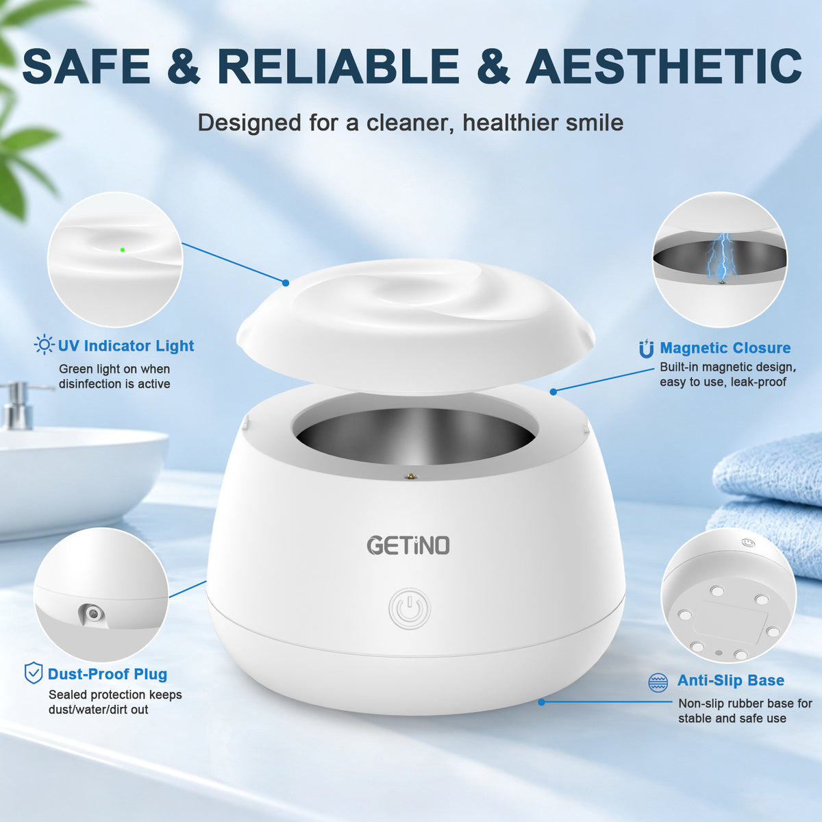Getino Ultrasonic Retainer Cleaner Machine, IPX7 48KHz Denture Cleaner for Braces, Aligners, Mouth Guard, Jewelry, Toothbrush Heads