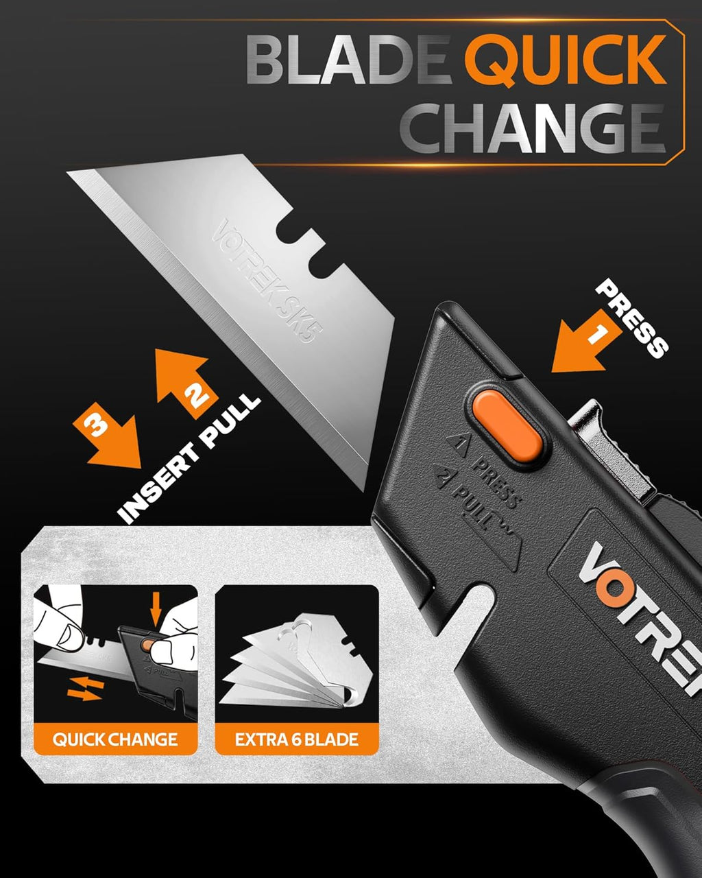 VOTREK Box Cutter Retractable Utility Knife Heavy Duty Sharp Razor Knife for Cartons, Cardboard and Boxes, with 6 Extra Blades