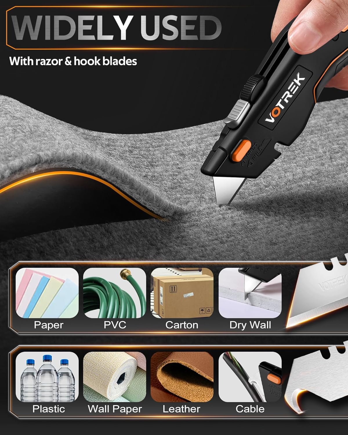 VOTREK Box Cutter Retractable Utility Knife Heavy Duty Sharp Razor Knife for Cartons, Cardboard and Boxes, with 6 Extra Blades