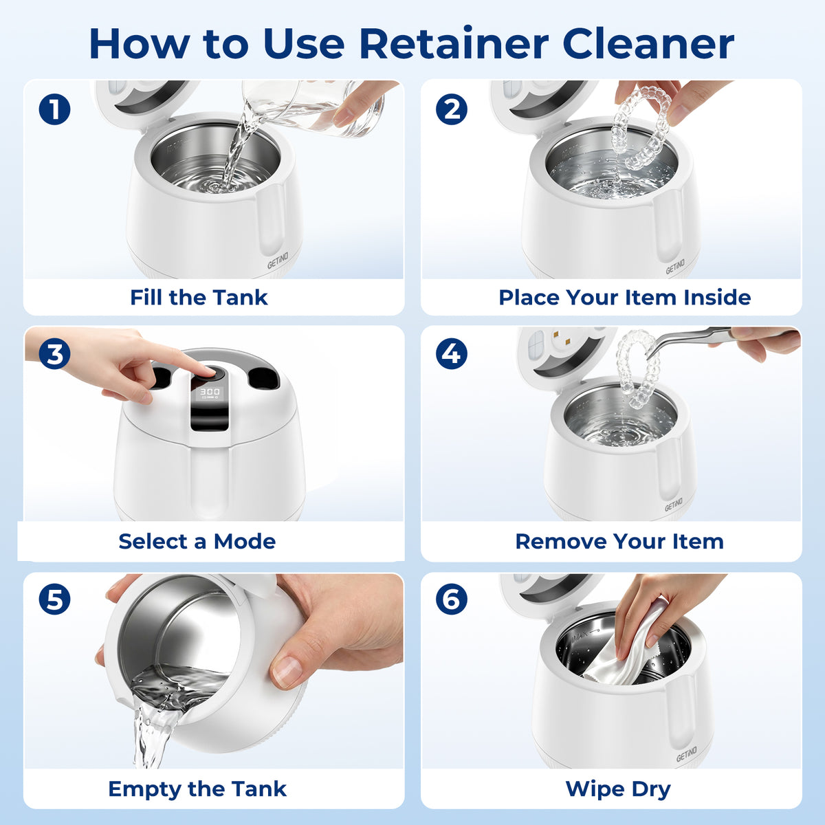 Getino Ultrasonic Retainer Cleaner Machine 48kHz Ultrasonic Denture Jewelry Cleaner for Mouth Guards, Night Guards, Braces, Aligner, Dental Pod, Toothbrush Heads, 200ml