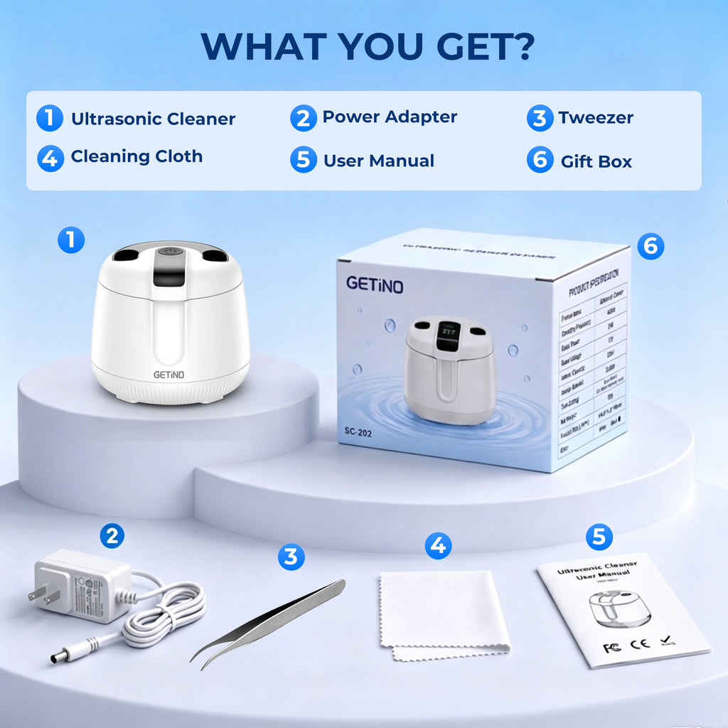 Getino Ultrasonic Retainer Cleaner Machine 48kHz Ultrasonic Denture Jewelry Cleaner for Mouth Guards, Night Guards, Braces, Aligner, Dental Pod, Toothbrush Heads, 200ml
